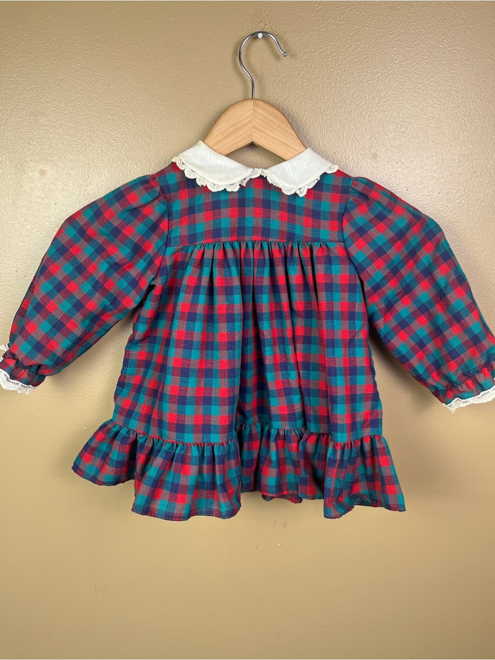 Vintage Toddler Girl Plaid Ruffled Dress with Lace Collar Size 2T